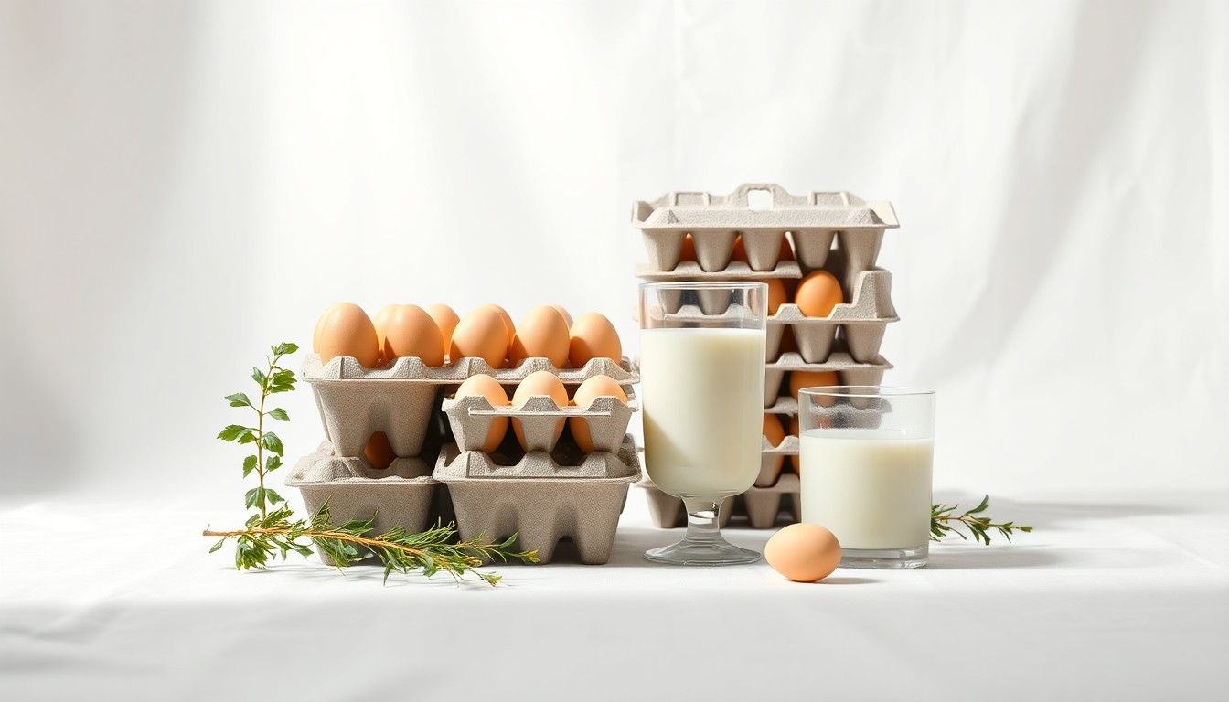 A photorealistic studio still life featuring a stack of organic egg cartons, a glass of fresh milk, and greenery, conveying the abstract concepts of corporate governance and investor protection in the organic food industry.
