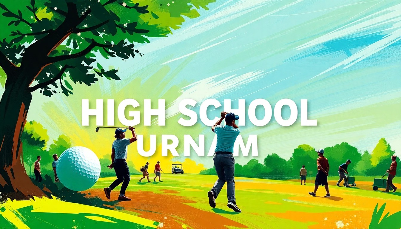 A vibrant, expressionistic painting in bold brushstrokes of greens, blues, and golds, conveying the dynamic energy and competitive spirit of a high school golf tournament.