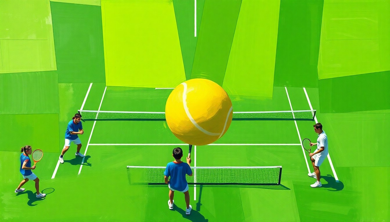 A cubist, geometric painting depicting the overlapping shapes and perspectives of a high school tennis match, with bright colors representing the court, ball, and players' uniforms.