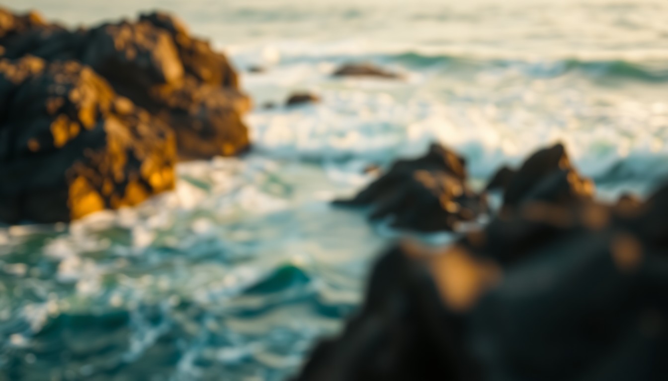 An extremely abstracted, out-of-focus photograph of ocean waves crashing against rocky cliffs, composed entirely of soft, warm pools of light and muted colors, conceptually representing the perilous conditions and heroic rescue effort.