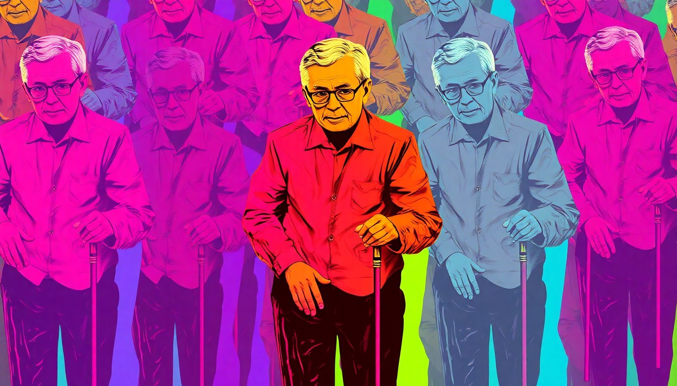 A brightly colored, high-contrast silkscreen print featuring a repeated image of a senior holding a walking cane, rendered in a bold, pop art style that captures the compassionate, personalized care provided by J-N-J Home Care Services.