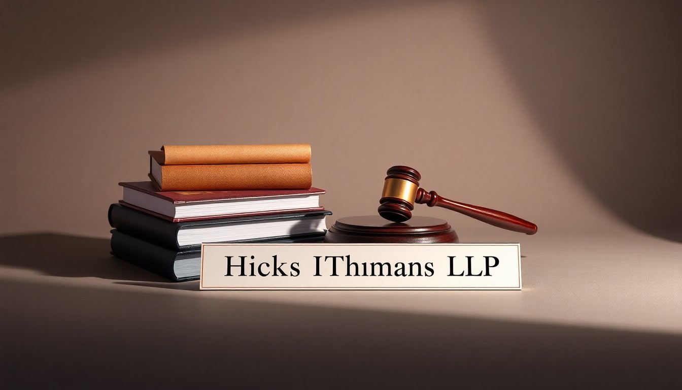 A minimalist, high-end studio still life photograph featuring a stack of law books, a gavel, and a nameplate with 'Hicks Thomas LLP', arranged elegantly on a clean, monochromatic background to conceptually represent the firm's expertise and prestige in the legal industry.