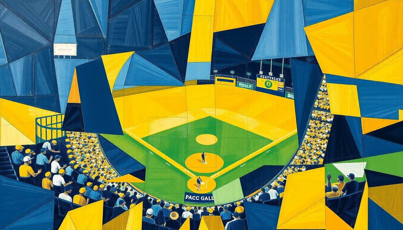 A fragmented, geometric painting depicting the dynamic action and movement of a college baseball game, using bold brushstrokes and the team's navy blue and gold colors.