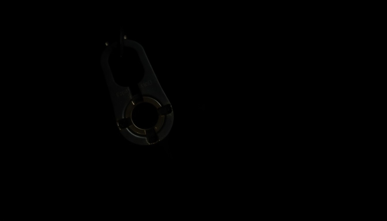 An extreme close-up photograph of a gun lock or trigger guard against a pitch-black background, lit by a harsh camera flash, conceptually representing the importance of firearm safety education.
