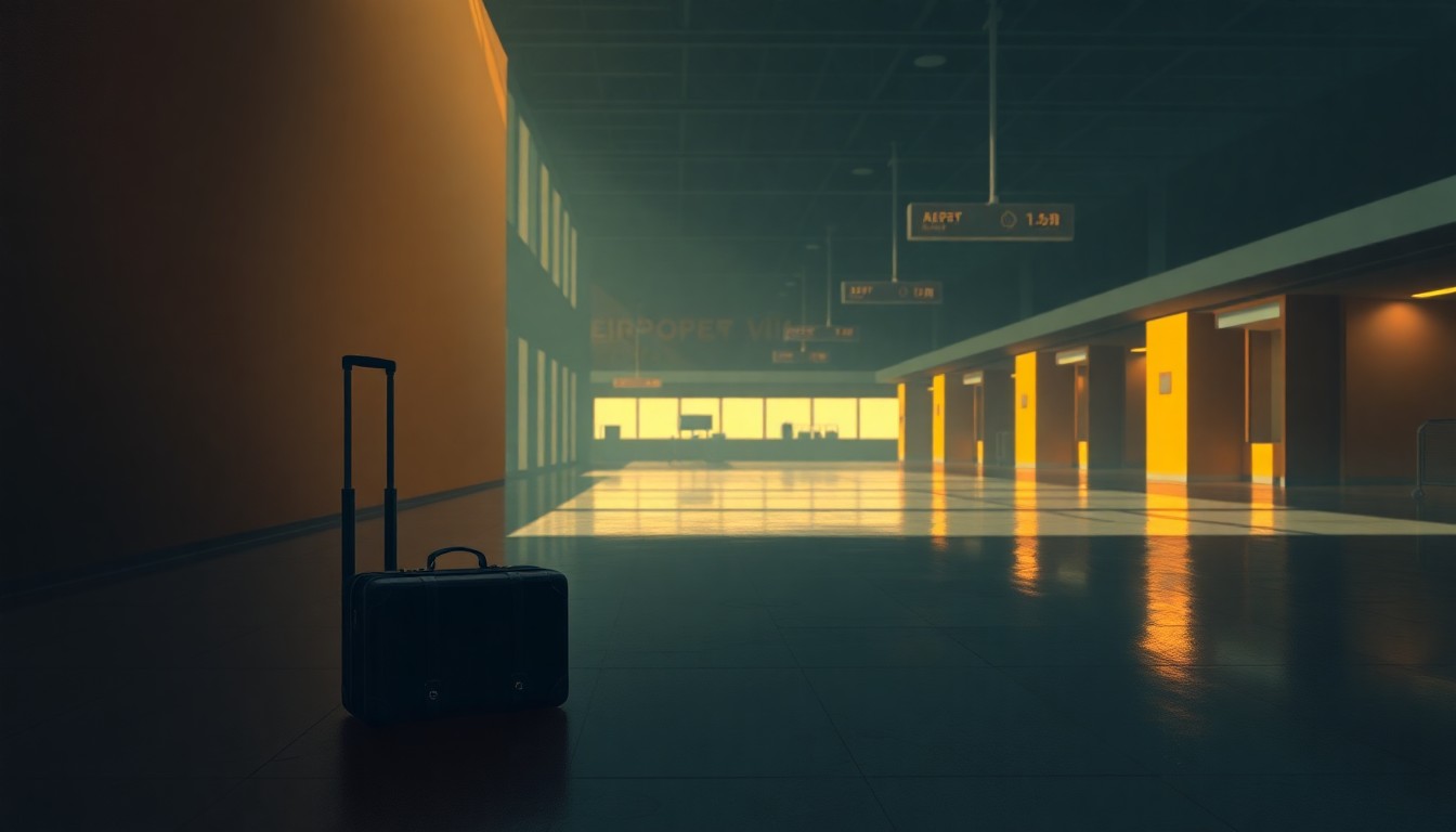 A close-up painting of a lone traveler's suitcase sitting on the floor of a dimly lit airport terminal, with warm diagonal sunlight and deep shadows, conceptually representing the unease some travelers feel over the proximity of immigration authorities in public transportation hubs.