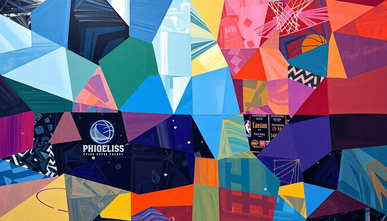 A cubist, geometric painting depicting a basketball game in motion, with sharp planes of orange, purple, and white intersecting to create a dynamic, fragmented visual representation of the sport.