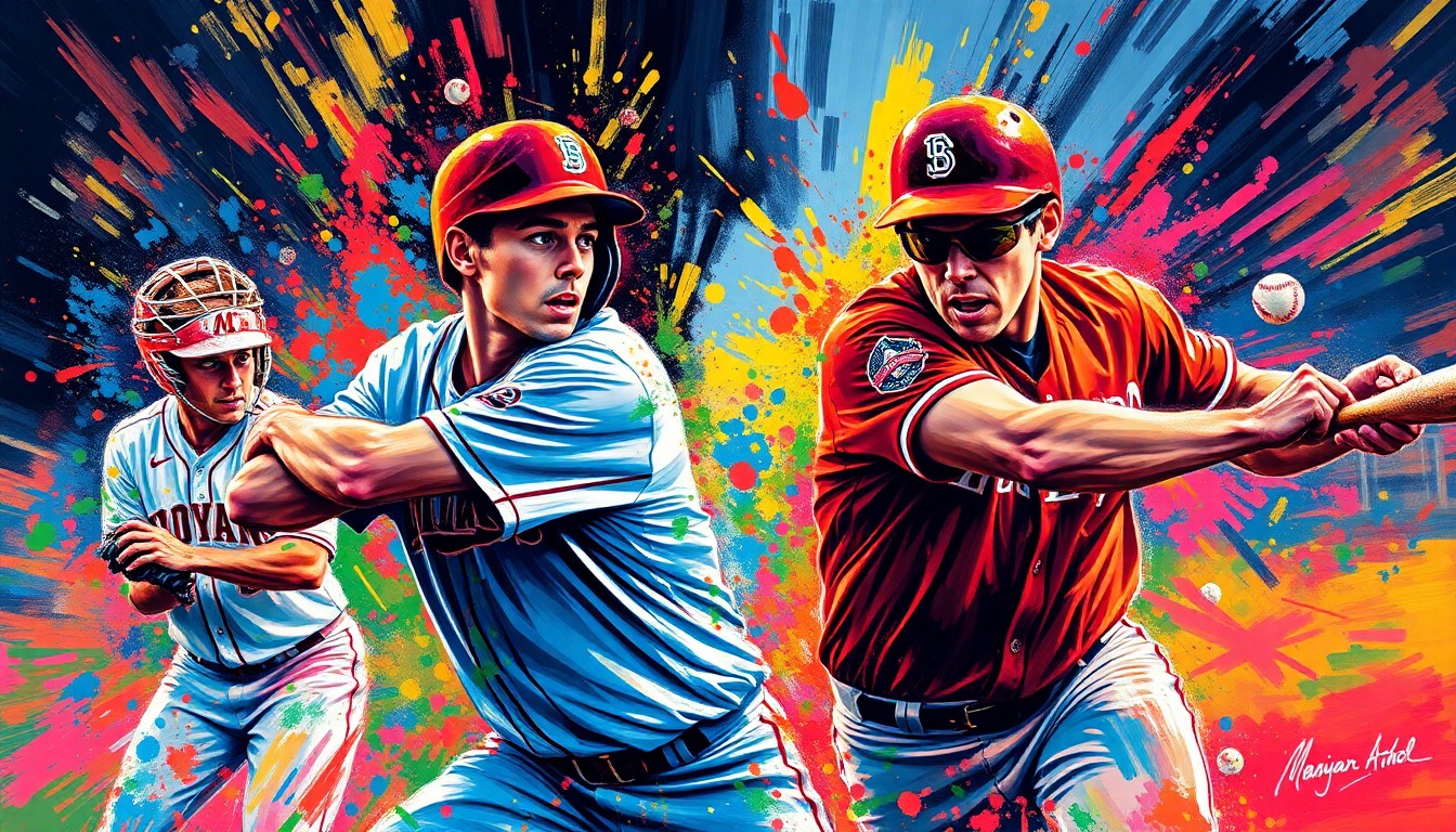 An abstract expressionist painting in vibrant neon colors, with rapid brushstrokes and dissolving figures representing the dynamic action and emotion of a high school baseball game.