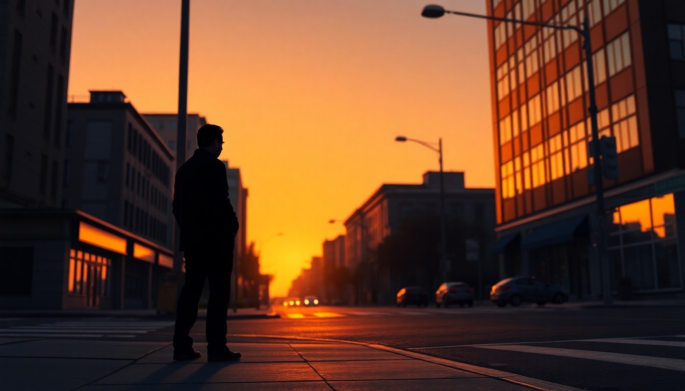 A cinematic, painterly scene of a lone figure standing on a dimly lit urban street corner, the warm glow of the setting sun casting long shadows across the scene and creating a pensive, contemplative mood.