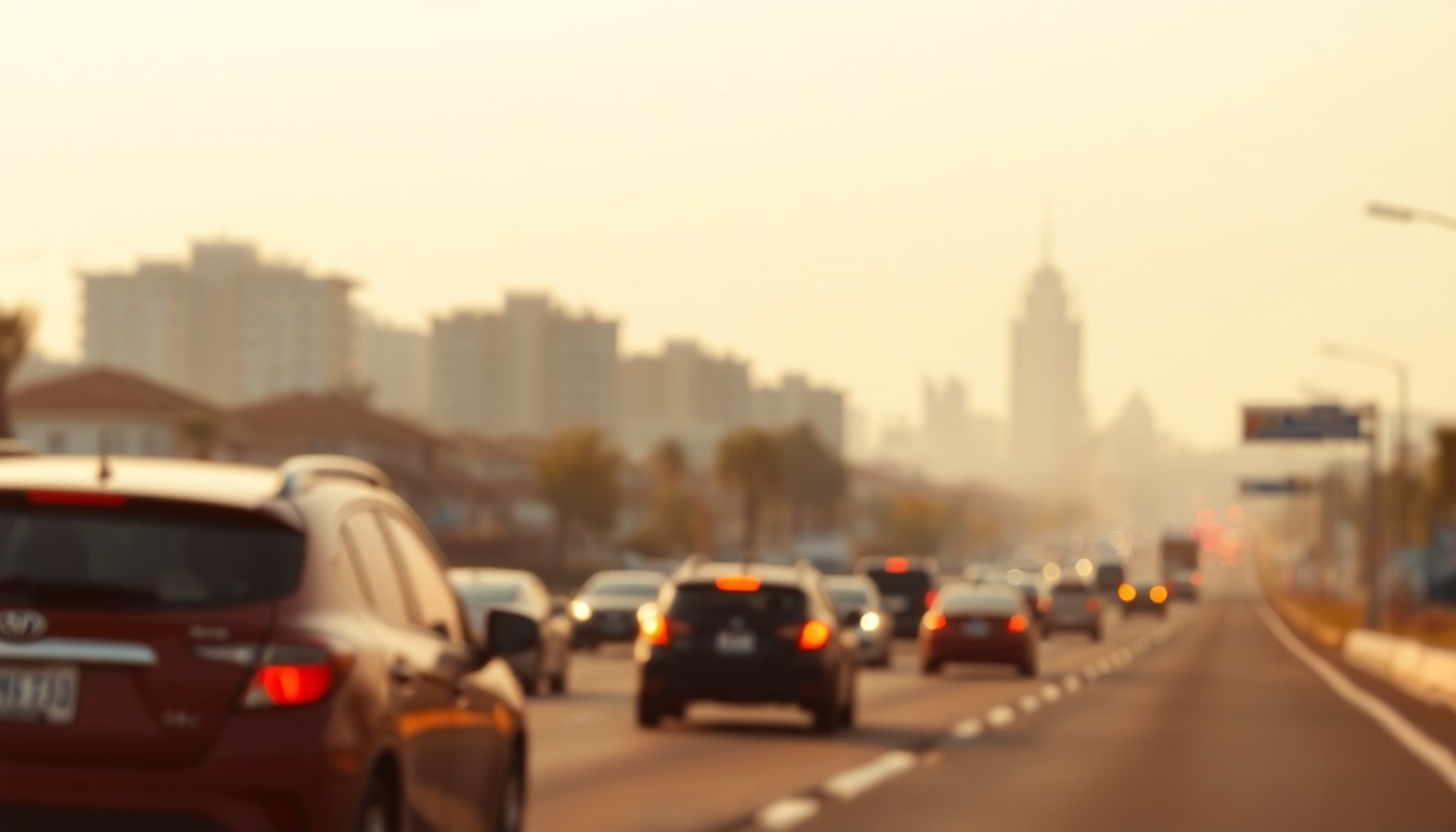 An abstract, out-of-focus photograph showing the blurred shapes of cars and buildings along a busy suburban road, conveying the sense of rapid growth and development straining the local community.