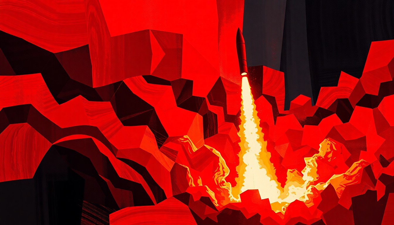 A highly abstract, fractured painting in shades of red, orange, and black, depicting the motion and energy of a missile launch, conveying a sense of tension and conflict.