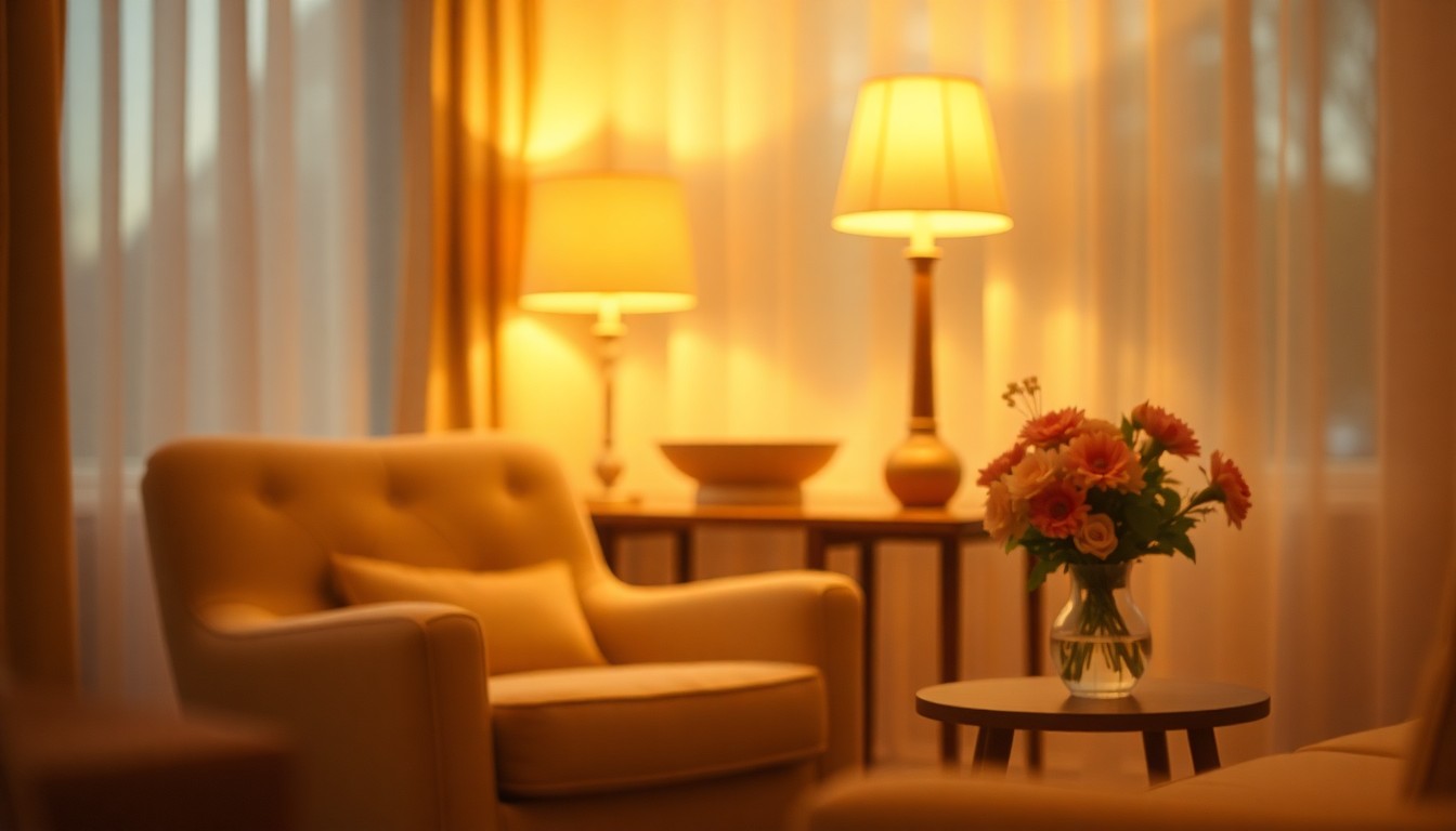 An extremely abstracted, out-of-focus photograph of a cozy living room scene with a plush armchair, a warm table lamp, and a vase of fresh flowers, all bathed in a hazy, golden glow, conceptually representing the welcoming environment Digs with Dignity aims to create for its clients.