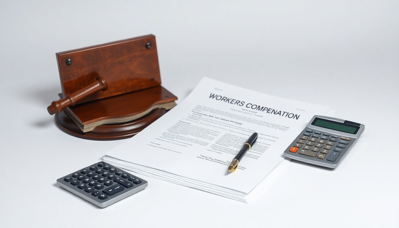 A photorealistic studio still life featuring a stack of legal documents, a pen, and a calculator on a clean, monochromatic background, conceptually representing the abstract corporate strategy and finance aspects of workers' compensation law.