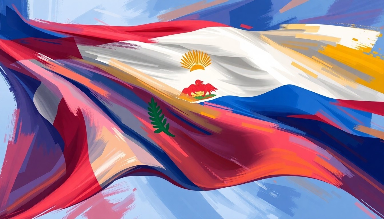 An abstract, fractured painting of a Nevada state flag waving in the wind, with the flag's colors and shapes repeated in overlapping geometric waves of color, conveying the competitive nature of the gubernatorial race.