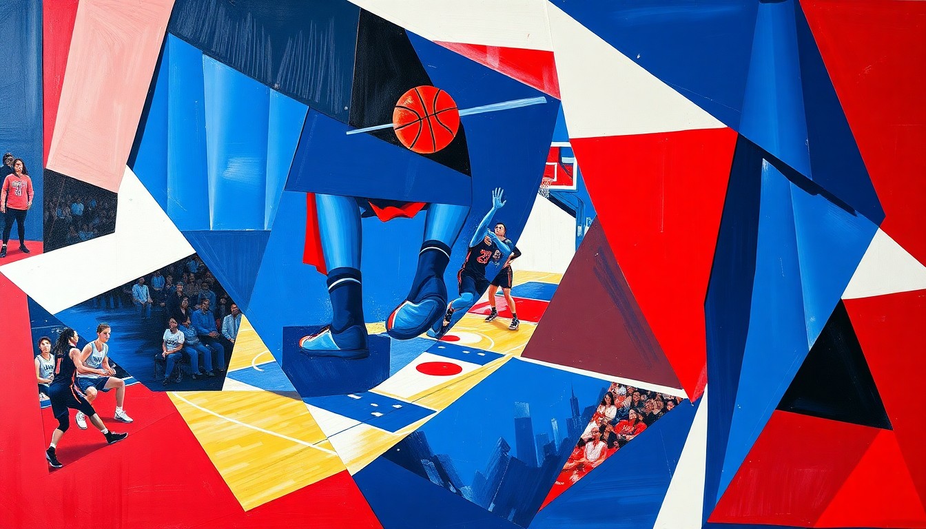 A cubist-style painting depicting a women's basketball game, with the court and players broken down into sharp, overlapping geometric shapes in navy, red, and white, conveying the dynamic energy and strategic complexity of the sport.
