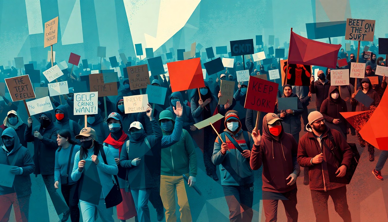 A dynamic, abstract painting of a crowd of protesters marching with signs, the figures and shapes overlapping and repeating in waves of bold, saturated colors.