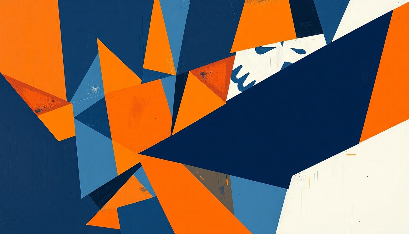 A cubist, geometric painting depicting a basketball game between Illinois and UConn, with the players and court broken down into sharp, overlapping shapes and planes in the teams' official colors.