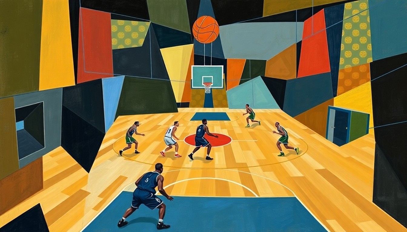 A cubist, geometric painting depicting the fragmented action of a basketball game, with angular shapes representing the players and court in an abstract, deconstructed style.