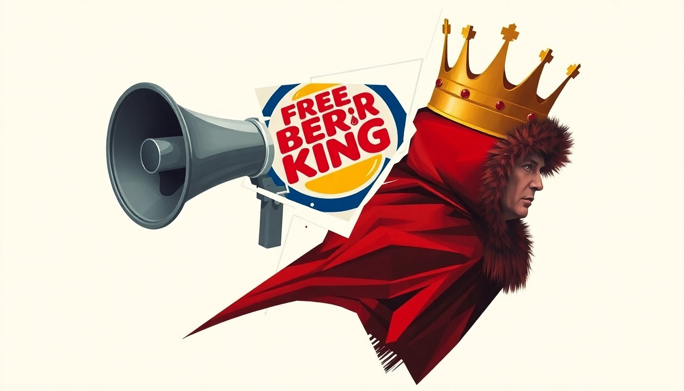 A vibrant, abstract painting featuring overlapping, fractured shapes and waves of color representing a megaphone, a crown, and a red cape, conveying the chaotic energy of the political protest.