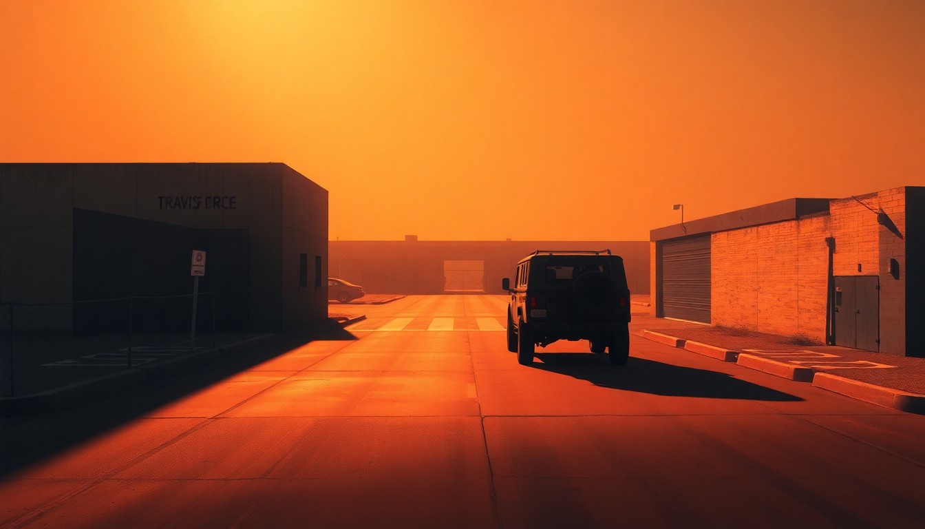 A serene, cinematic painting depicting a lone military vehicle passing through the gates of Travis Air Force Base, the scene bathed in warm, diagonal sunlight and deep shadows, capturing the quiet tension and unease felt by the surrounding community.