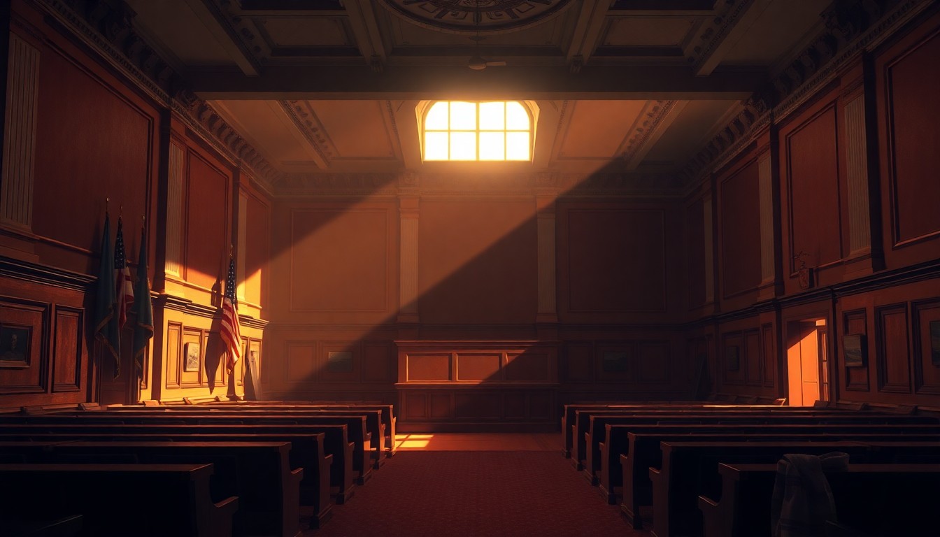A dimly lit, cinematic interior scene of an empty political office or legislative chamber, with warm sunlight streaming through the windows and deep shadows cast across the room, conveying a sense of melancholy and uncertainty.