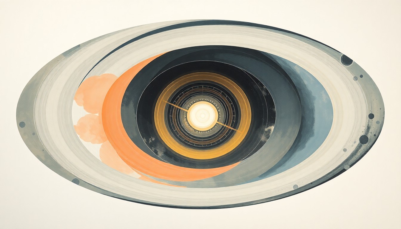 A bold, abstract painting in soft blues, greens, and oranges, featuring sweeping geometric arcs, concentric circles, and precise botanical spirals, conceptually representing the complex scientific forces and concepts behind the Artemis mission to the moon.