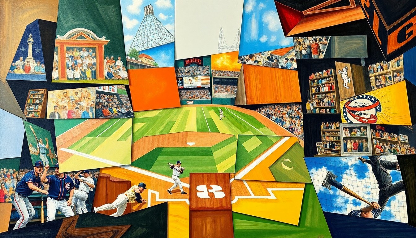 A cubist, geometric painting depicting a baseball player in motion, with the action broken down into sharp, overlapping planes of color and shape.