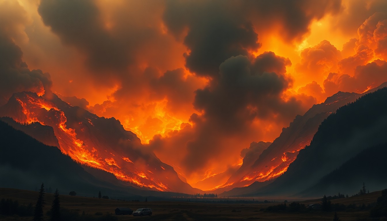 A vast, atmospheric landscape painting depicting a raging wildfire, with billowing smoke and flames dwarfing the small structures and vehicles caught in its path. The scene conveys the overwhelming, sublime scale of the natural disaster through dramatic lighting and deep perspective.