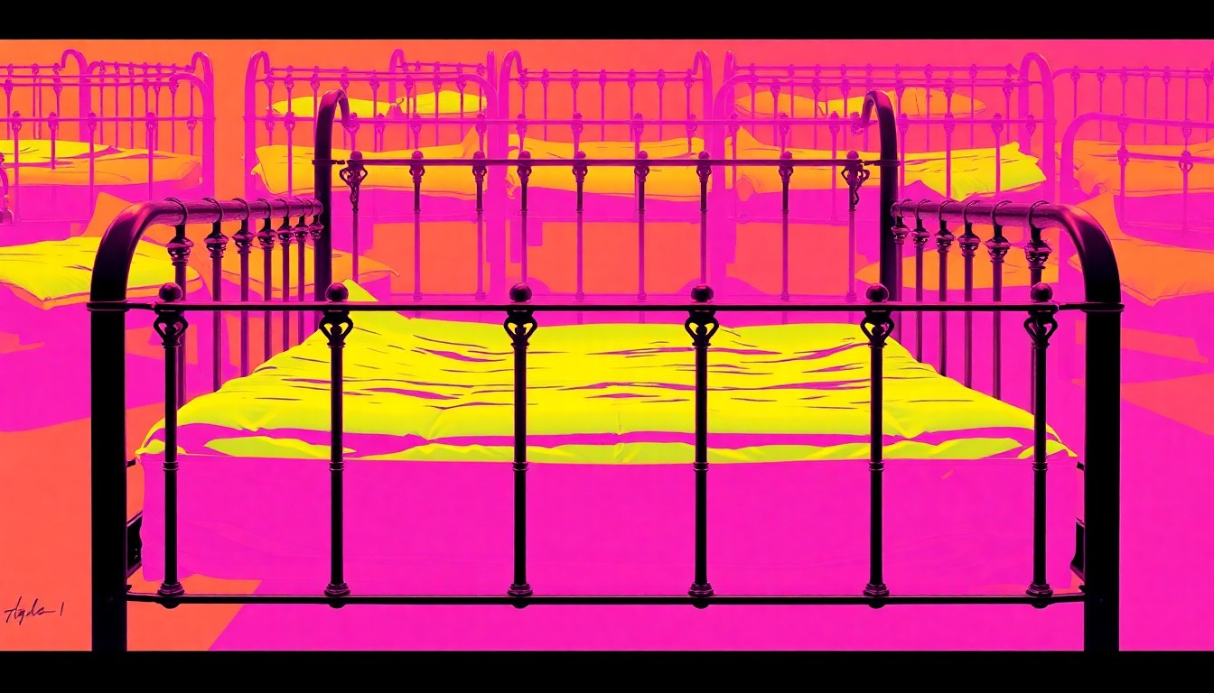 A highly stylized, pop art-inspired silkscreen illustration featuring a repeating grid of an old-fashioned metal bed frame in vibrant neon colors, conceptually representing the forgotten histories of the Lawrence County Poor Farm.