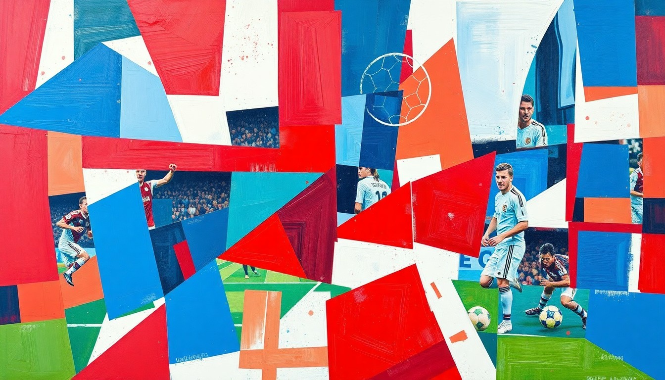 A fragmented, geometric painting depicting the complex security preparations for the 2026 World Cup, with overlapping planes of red, white, and blue representing the various federal, state, and local agencies involved.