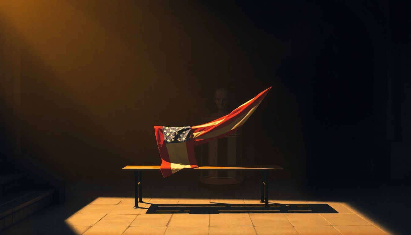 A dimly lit urban scene with an American flag draped over a wooden bench, the flag's vibrant colors contrasting with the muted tones of the surrounding environment, creating a sense of timeless patriotism.