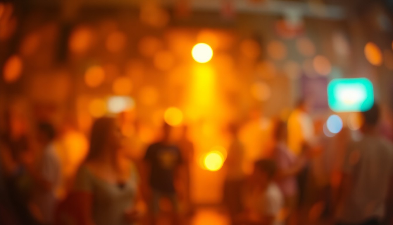 An abstract, impressionistic photograph in soft focus, depicting a blurred scene of people gathered at a community event, with warm pools of yellow, orange, and blue light creating a sense of togetherness and celebration.