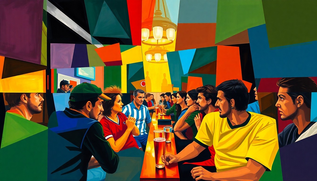 A fragmented, geometric painting in bold colors depicting the lively atmosphere of a sports bar, with overlapping shapes and planes representing the diverse perspectives and allegiances of the patrons.
