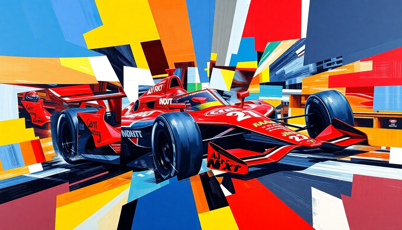 A fractured, geometric painting depicting an INDY NXT race car in motion, broken down into overlapping planes of vibrant colors, conceptually representing the dynamic energy and competitive spirit of the series.