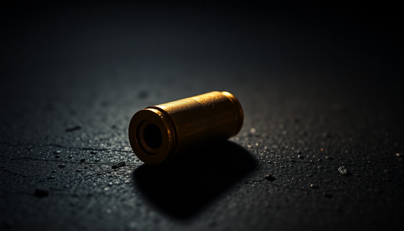 An extreme close-up of a shiny, metallic bullet casing on a dark, textured surface, dramatically lit by a harsh camera flash to create a stark, gritty aesthetic that conceptually represents the investigation into a recent drive-by shooting.