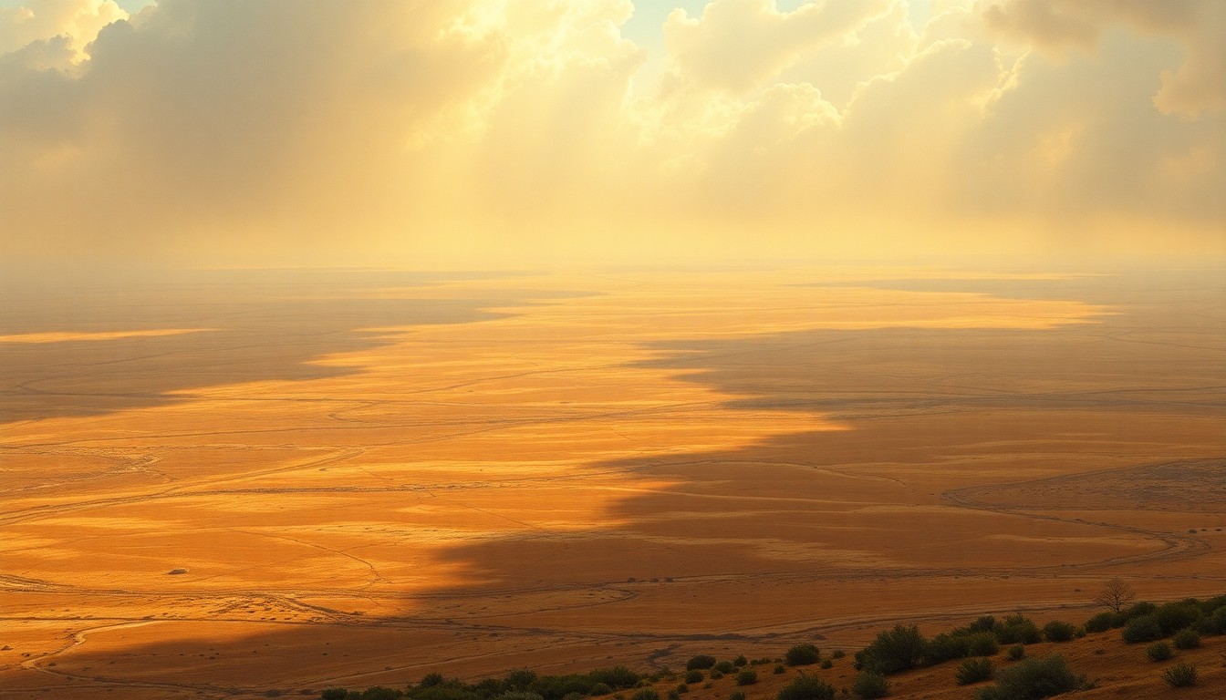 A sweeping, atmospheric landscape painting depicting the vast, desolate plains of the central United States during a period of extreme drought, with the horizon line obscured by hazy, ominous skies and any visible structures or vegetation dwarfed by the overwhelming natural environment.