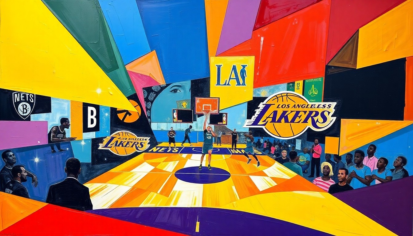 A cubist, geometric painting depicting a basketball game in motion, with sharp, overlapping planes of color representing the players and action on the court.