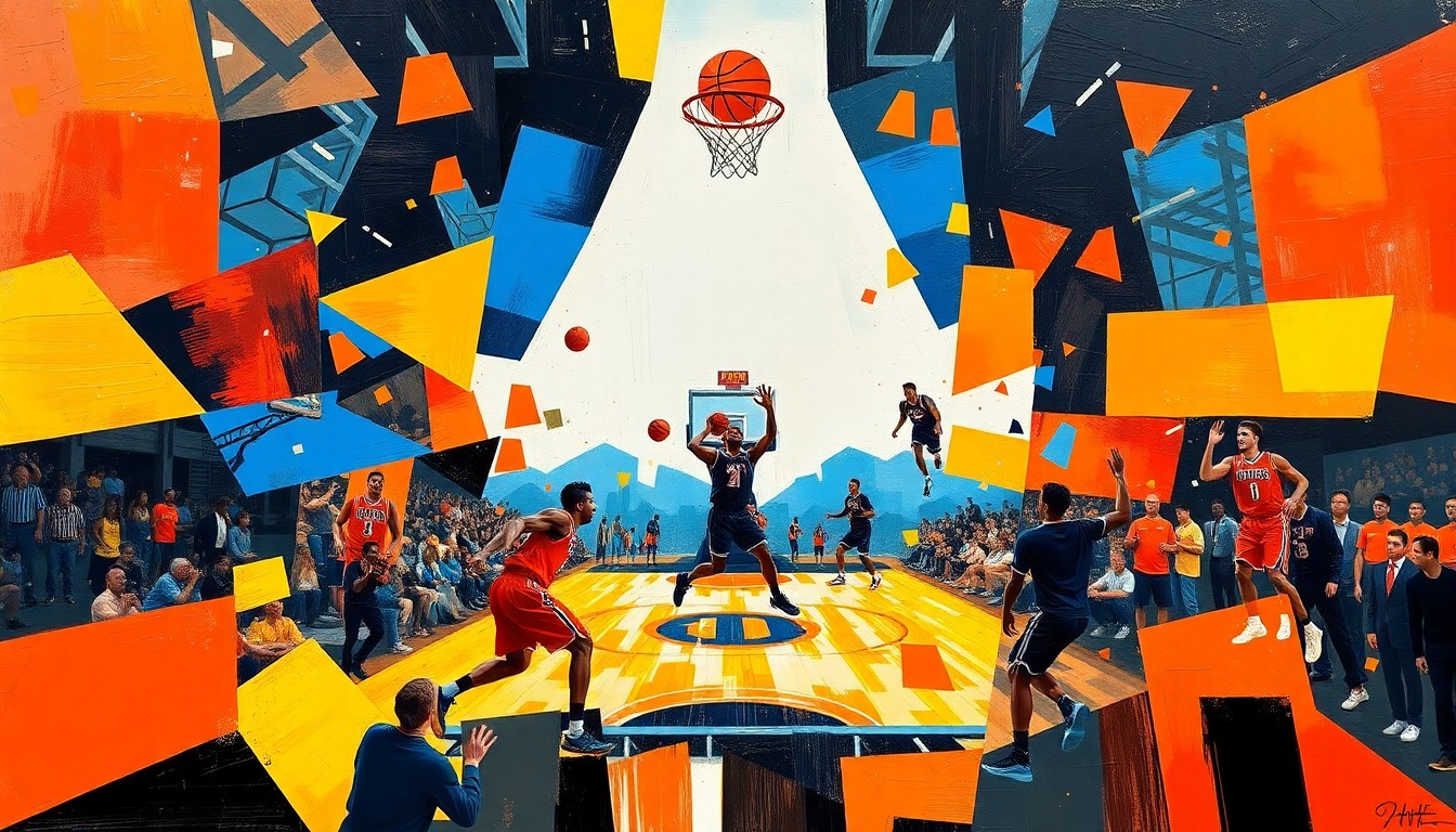 A cubist, geometric painting depicting the intense basketball action between Illinois and Iowa players, with sharp, overlapping planes of vibrant team colors creating a dynamic, energetic composition.