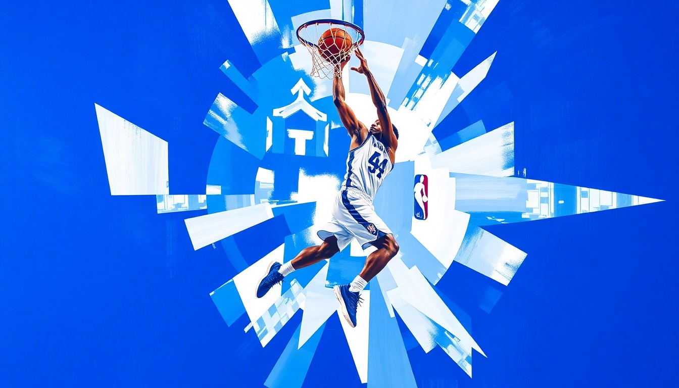 A cubist-style painting depicting a basketball player in motion, their body fractured into overlapping geometric shapes in shades of blue and white, conveying the disruption caused by Lowe's departure from the Kentucky roster.