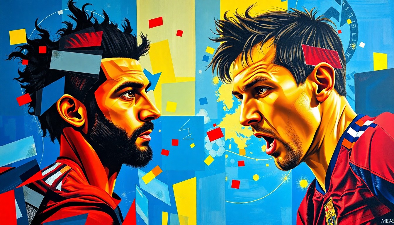 A cubist-style painting featuring fragmented, geometric shapes in vibrant colors representing a soccer match or competition, conceptually illustrating the uncertainty around a potential partnership between Mohamed Salah and Lionel Messi.