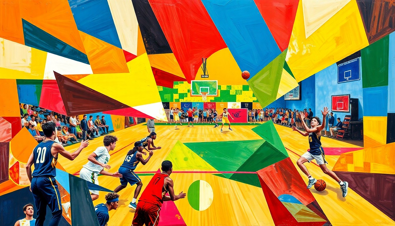 A cubist-style painting featuring fragmented, geometric shapes in bright colors representing various high school sports equipment and uniforms, conveying the fast-paced, multi-dimensional nature of the games.