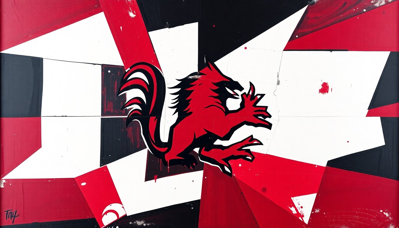 A cubist, geometric painting depicting the action and energy of a women's basketball game, with overlapping shapes and planes in the Gamecocks' signature colors of garnet and black.