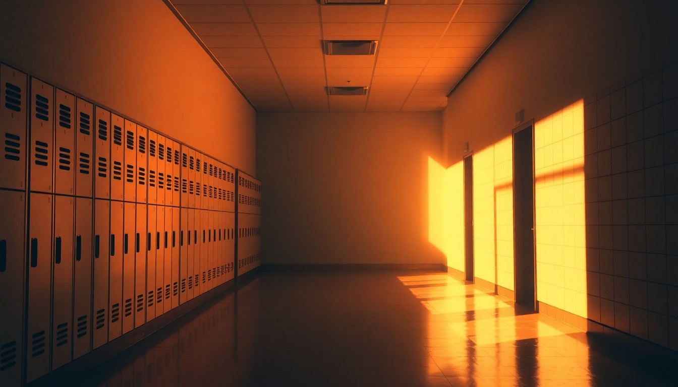 A quiet, cinematic painting of an empty school hallway with a single locker in the foreground, bathed in warm, diagonal sunlight and deep shadows, creating a sense of isolation and tension.