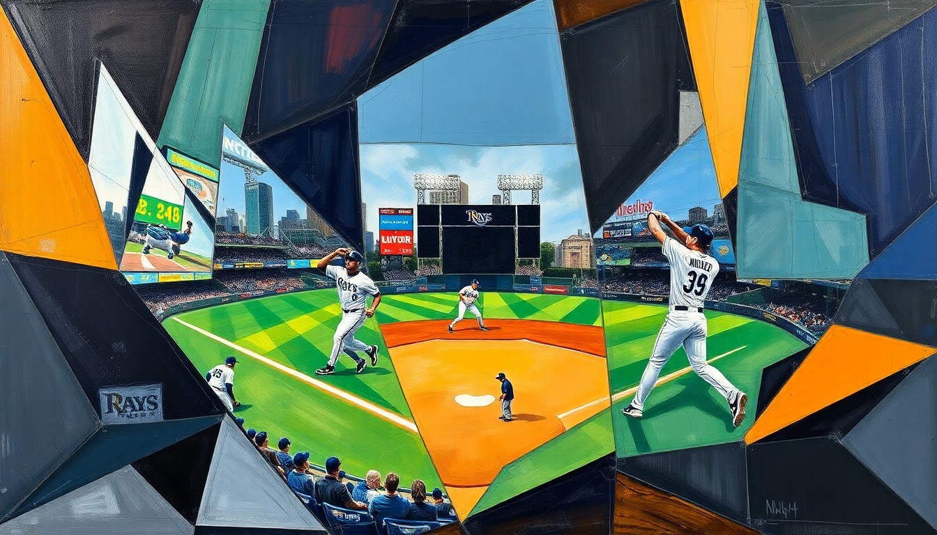 A cubist, geometric painting depicting key moments from the Rays' 9th inning comeback win over the Brewers, including home runs, doubles, and players in motion, all rendered in a fractured, multi-perspective style.