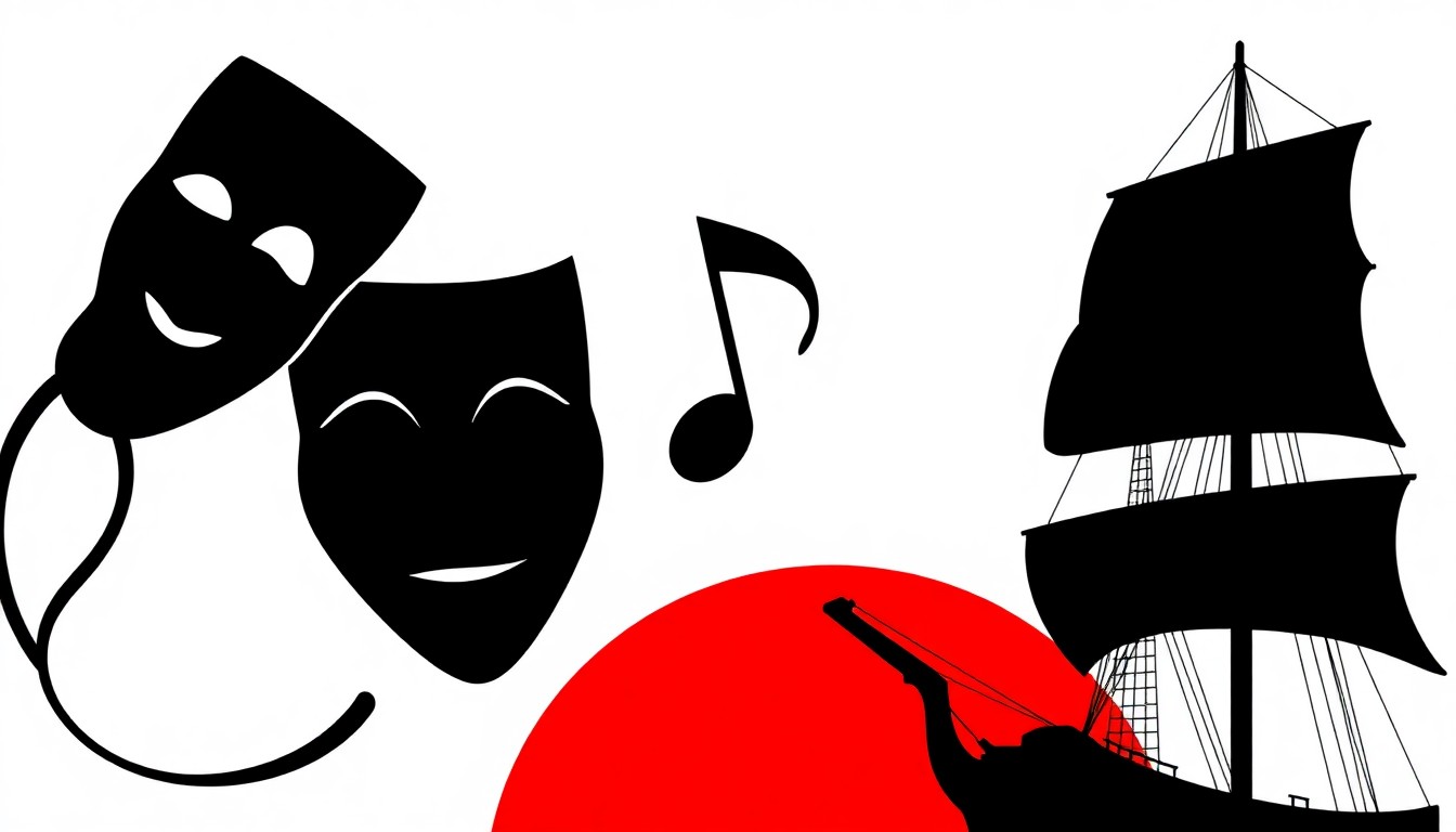 A minimalist, abstract illustration featuring bold black silhouettes of theater masks, musical notes, and a ship's mast against a high-contrast red and white background, conceptually representing the range of productions in Theatre Lawrence's upcoming season.