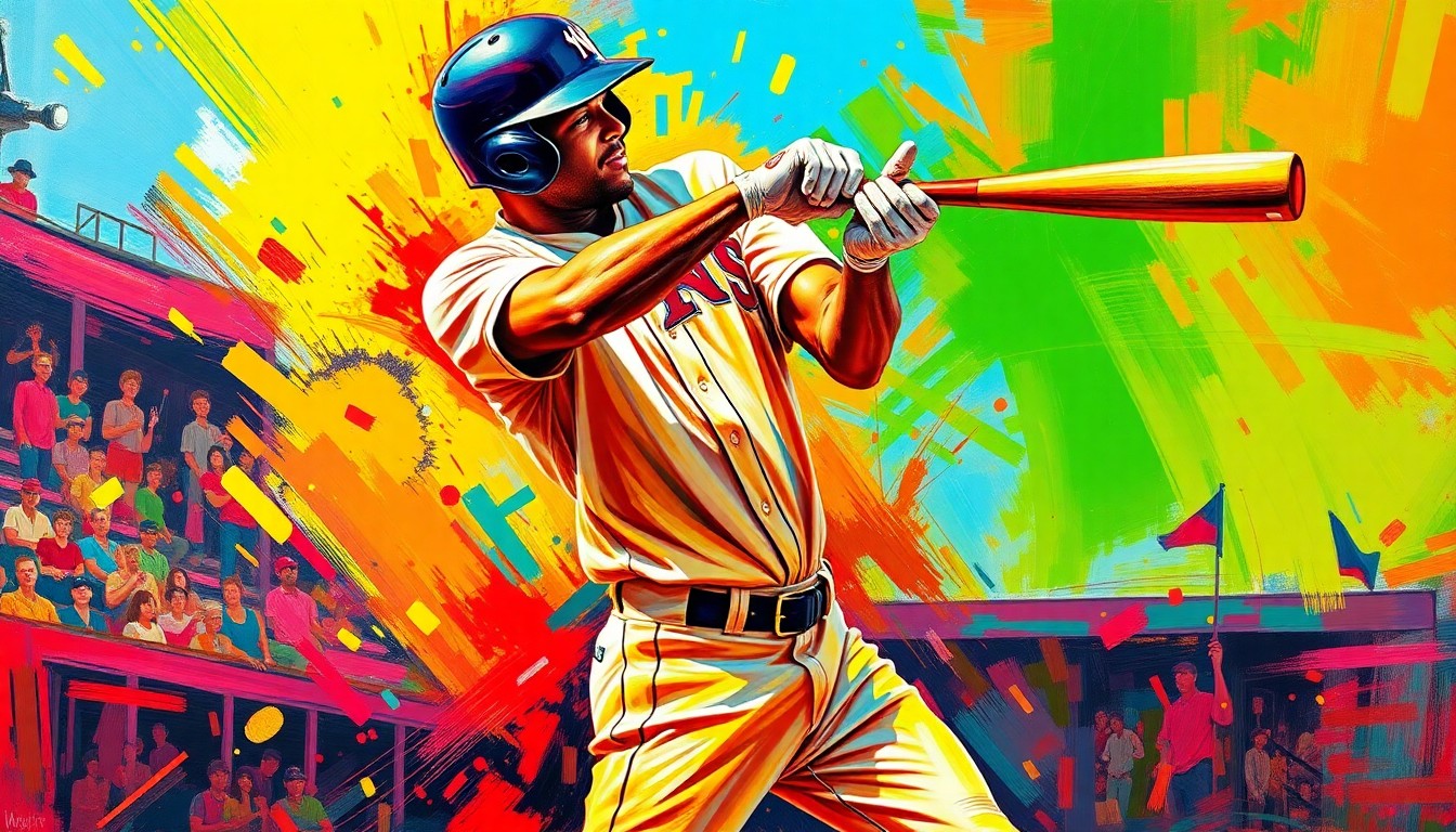 An abstract, expressionist painting featuring bold, neon-colored brushstrokes that convey the dynamic energy and explosive action of a baseball game, with no identifiable players or teams.