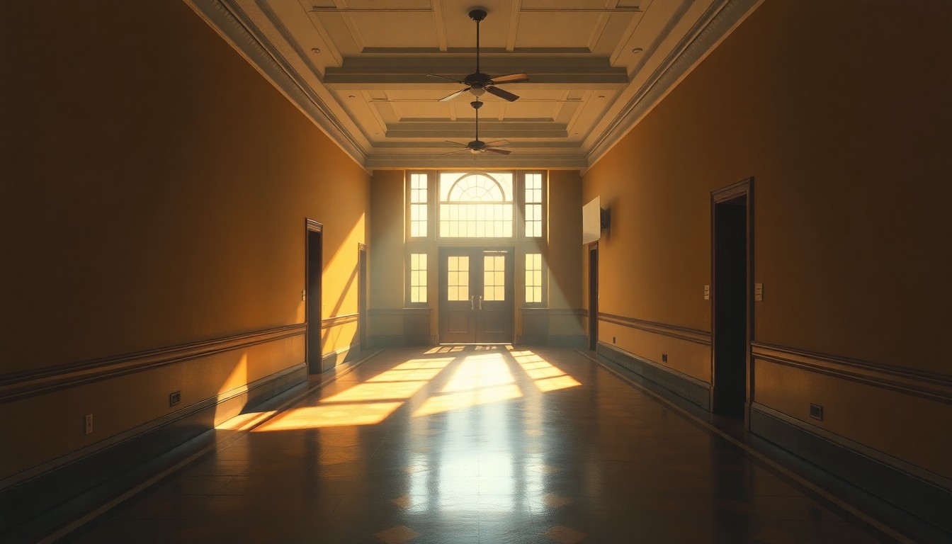 A serene, cinematic painting of an empty courthouse hallway with warm, golden light streaming through the windows and long shadows cast across the floor, creating a contemplative and transitional mood.