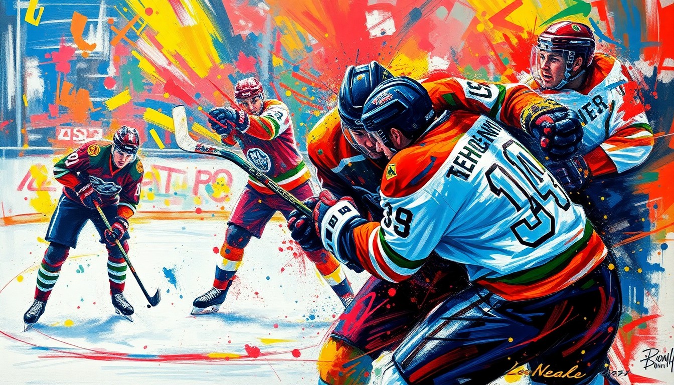 An abstract, energetic painting in an expressionist style, with vibrant neon-colored brushstrokes and splatters capturing the raw physicality and violent motion of a hockey fight, the players' faces and uniforms dissolving into the abstract composition.