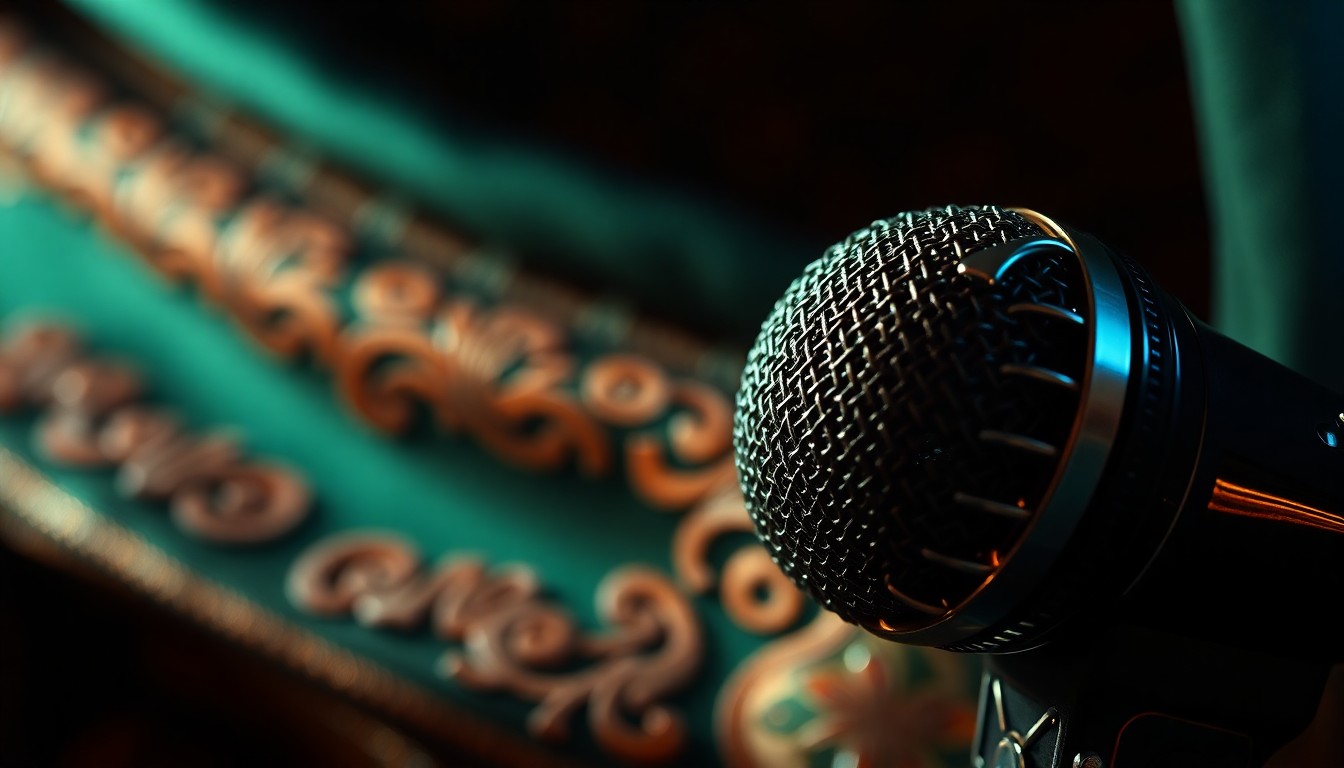An extreme close-up photograph of a luxurious, high-contrast texture related to Mexican music and culture, such as a richly embroidered shawl or a vintage microphone, using dramatic studio lighting to create a glamorous, high-fashion aesthetic.