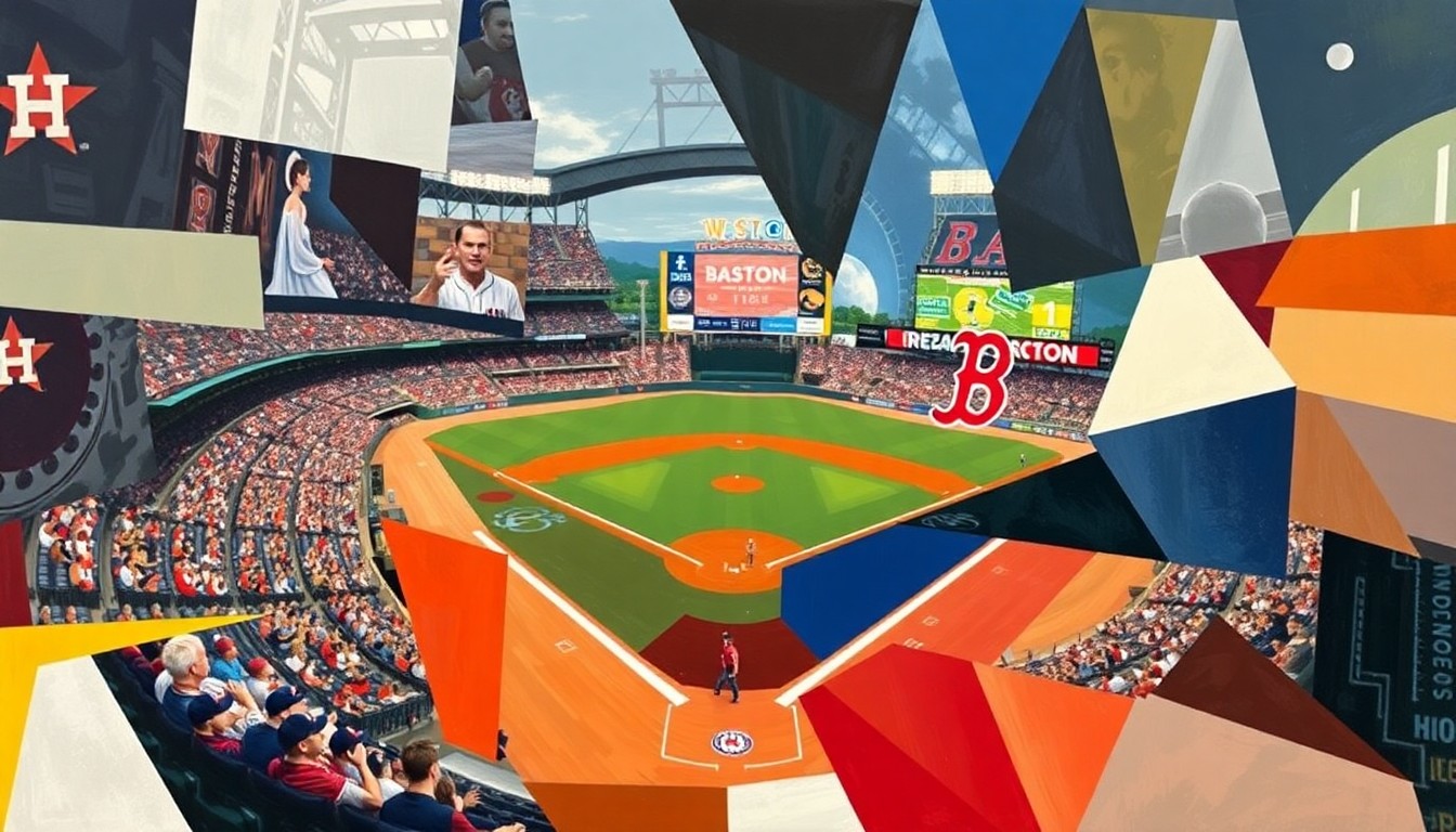 A cubist, geometric painting depicting various baseball actions and players from an Astros-Red Sox game, with overlapping shapes and planes in vibrant colors representing the dynamic energy of the game.