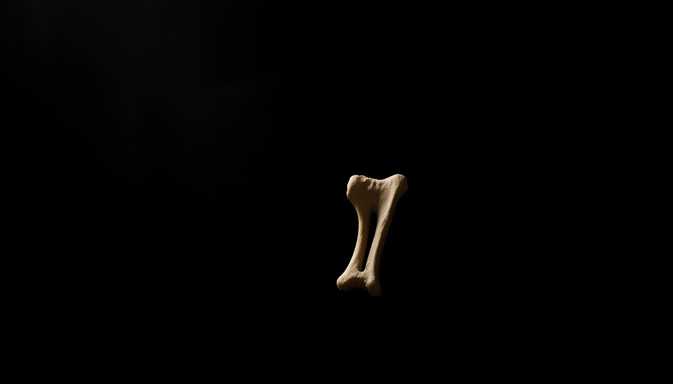 An extreme close-up photograph of a single human bone fragment, its rough texture and sharp edges dramatically illuminated by a harsh, direct camera flash against a pitch-black background, conveying a sense of the gritty, investigative nature of this discovery.
